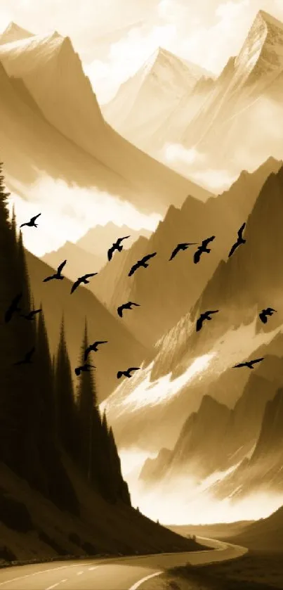 Sepia wallpaper of mountains with birds and a winding road.