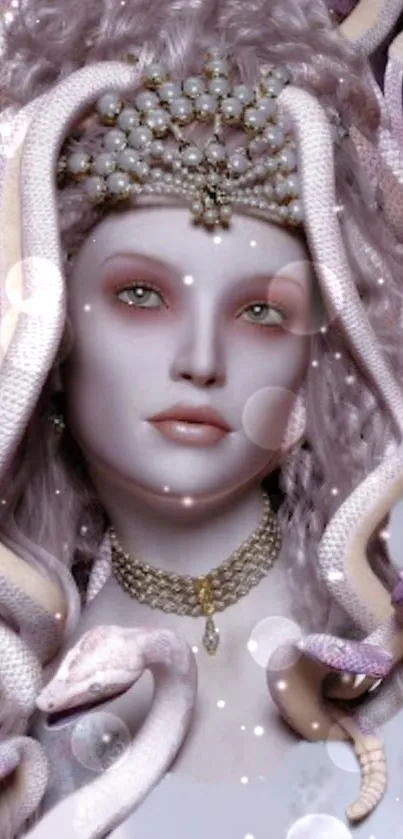 Serpent queen with snakes and pearls in pastel pink hue.