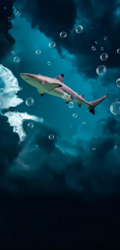 Shark swimming through clouds and bubbles under a teal sky.