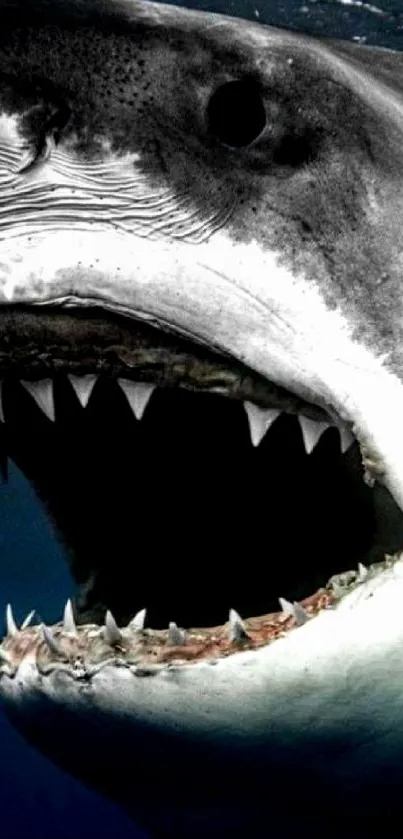 Close-up of a shark with open mouth in the ocean, showcasing powerful marine life.