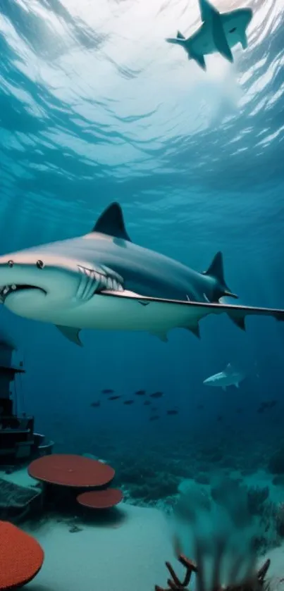 A majestic shark glides through a vibrant underwater coral scene.