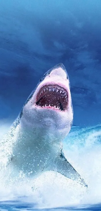 Majestic shark leaping from ocean waves on a stunning phone wallpaper.