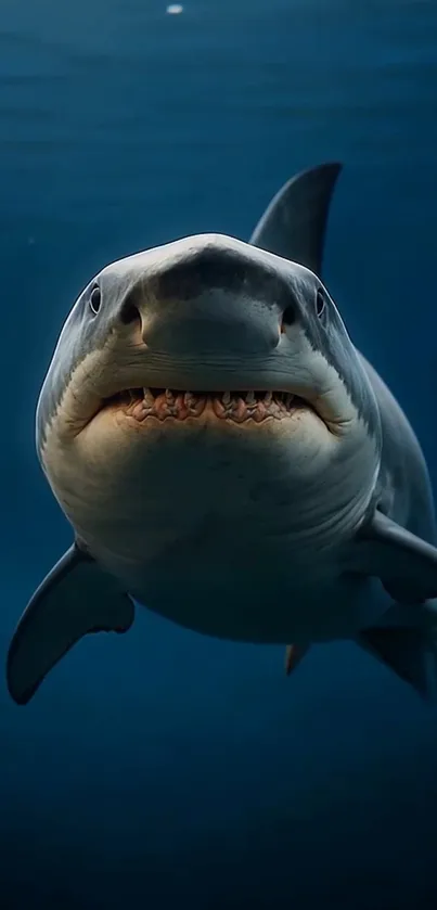 A majestic shark swims gracefully underwater against a deep blue backdrop.