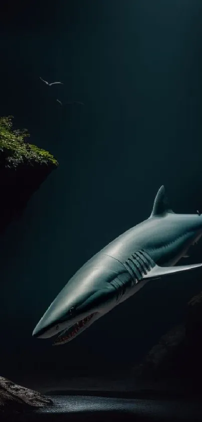 Majestic shark swims in deep blue underwater scene with lush sea cliffs.