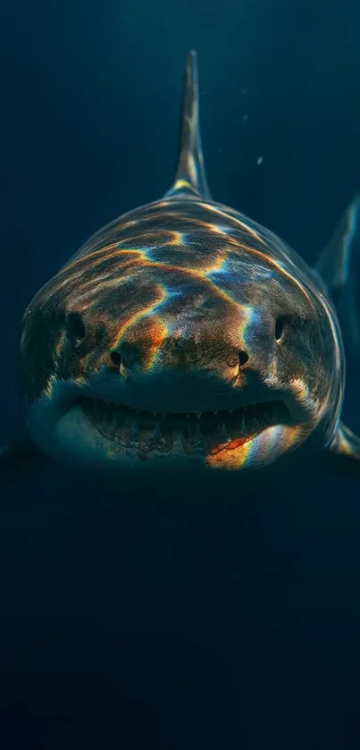 Shark swimming gracefully in deep ocean waters with light reflections.