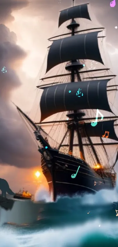 Majestic ship on stormy sea with music notes.