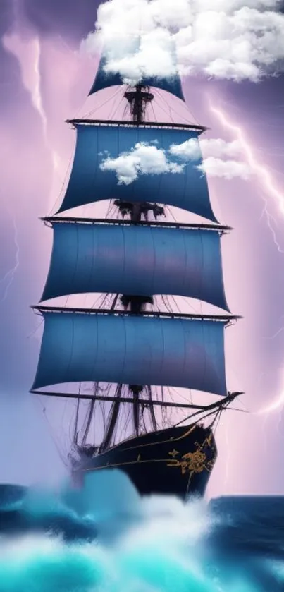 Majestic ship with blue sails in a lightning storm.