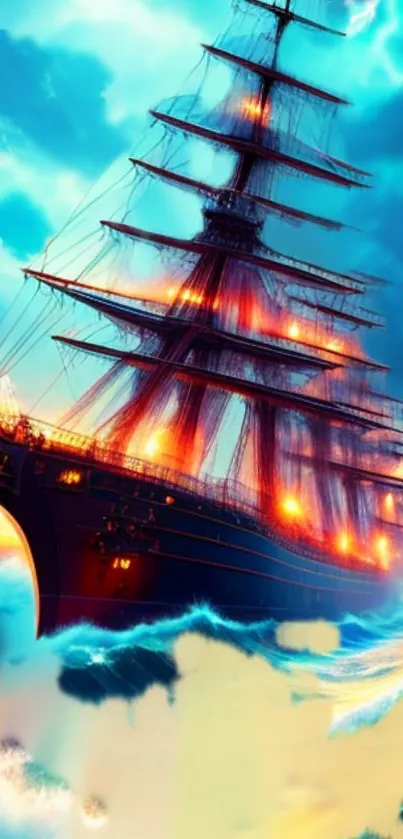 Majestic ship sailing in glowing ocean waves with vibrant colors.