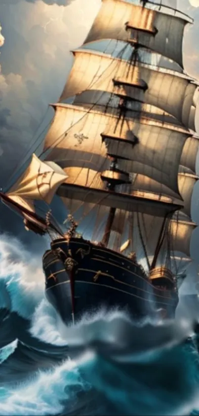 Majestic sailing ship navigating stormy ocean waves with dramatic clouds.