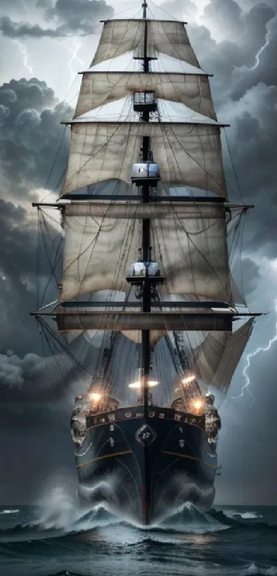 Majestic ship sailing through a storm with dramatic clouds and lightning.