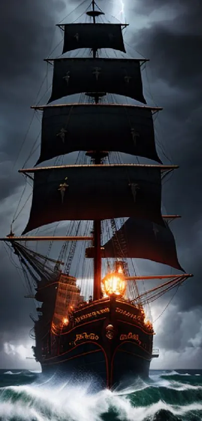 Majestic ship navigating through a dark, stormy sea with striking visuals.