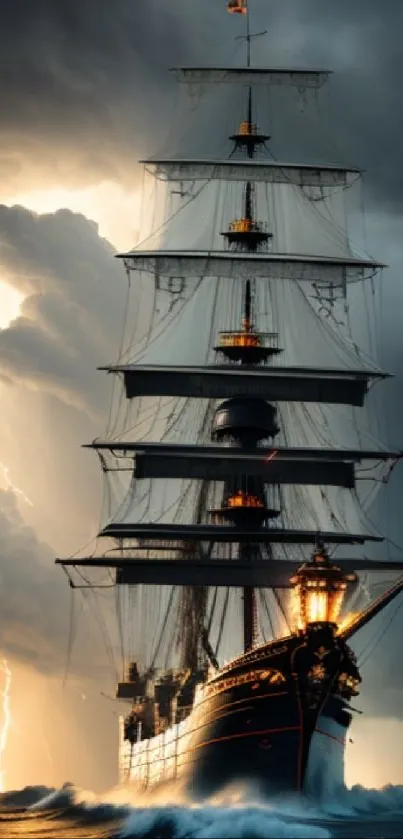 Majestic ship navigating stormy seas with lightning.