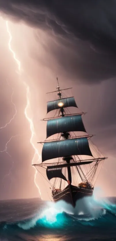 Majestic ship sailing through a storm with dramatic lightning.