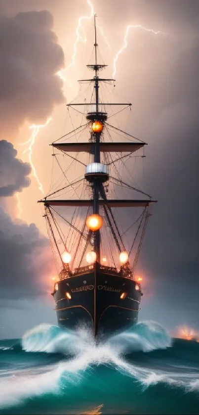 A majestic ship sails through stormy seas with lightning in the sky.