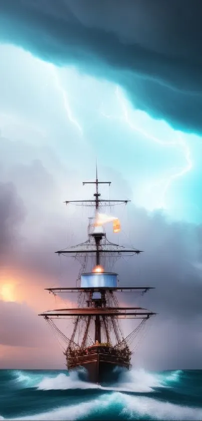 Ship navigating stormy sea with lightning above.