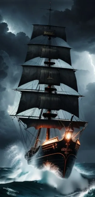 Majestic ship sailing through a stormy ocean with lightning in the sky.