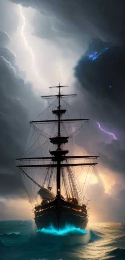 Majestic ship sails through a dramatic sea storm with captivating lighting.