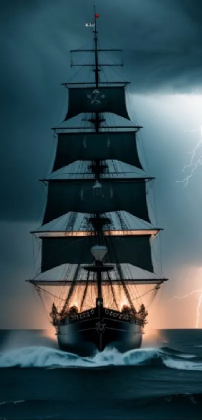 Majestic ship sailing through a storm with lightning in the background.