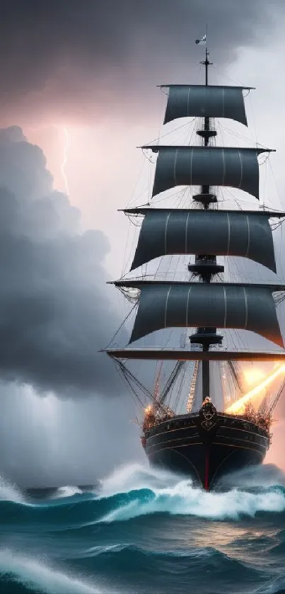 A majestic tall ship faces a storm with swirling dark clouds and bright lightning.