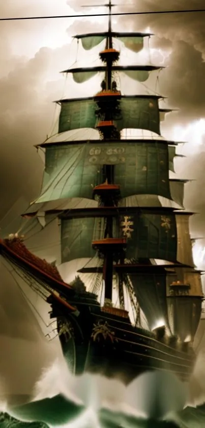 Dramatic image of a ship sailing through a stormy ocean with dark clouds.