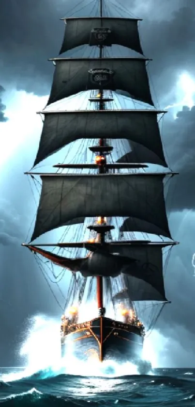 Tall ship sails through stormy ocean with dramatic lightning.