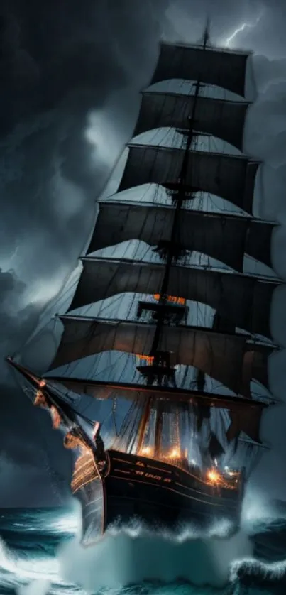 Majestic ship sails through stormy seas under a dark, dramatic sky.