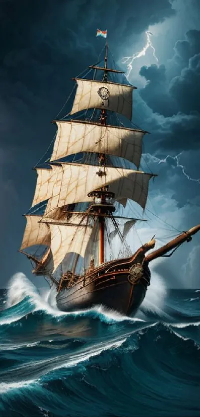 Majestic sailing ship braving stormy seas under a dramatic sky.