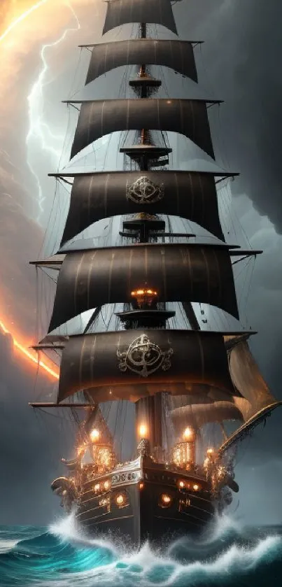 Majestic ship navigates stormy seas under a dramatic sky.