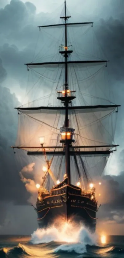 A majestic ship sails through stormy seas, showcasing dramatic ocean waves.