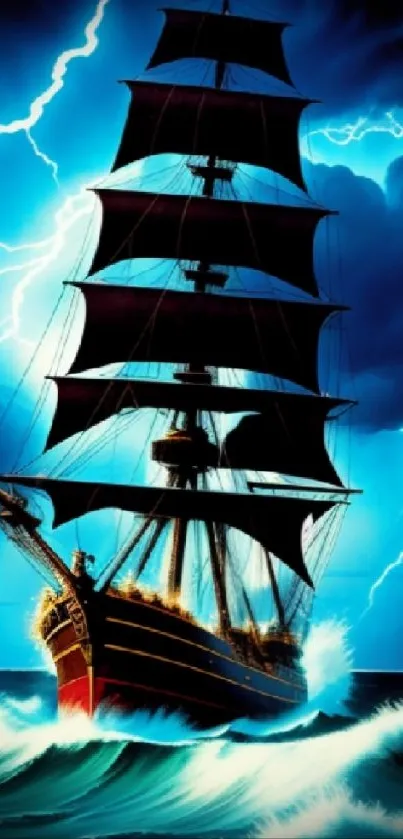 Sailing ship in a stormy ocean with lightning and dark clouds.