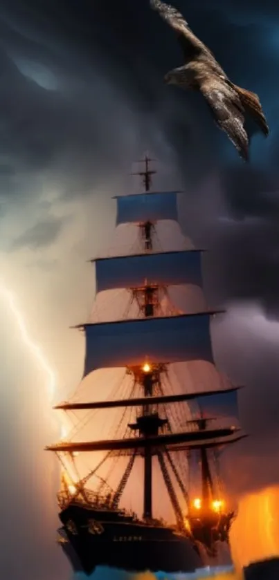 Majestic ship sailing with eagle above in a dark and stormy sea.