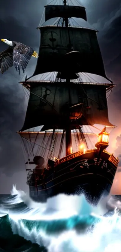 Majestic ship on stormy seas with soaring eagle under dark skies.