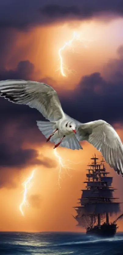 Seagull flying over a ship at sea with lightning in the sky. Dramatic scenery.