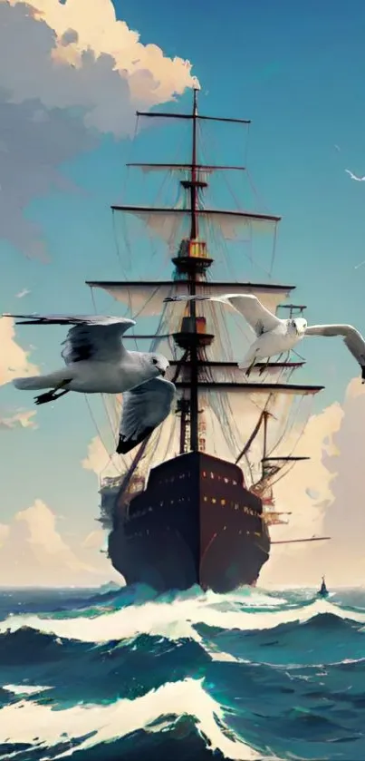 Majestic ship sailing with seagulls under a vivid sky wallpaper.