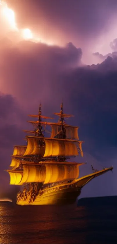 Majestic ship illuminated by golden sunset against dramatic clouds.