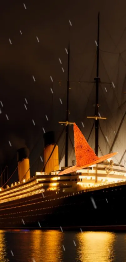 Golden-lit ship at night under a rainy sky.