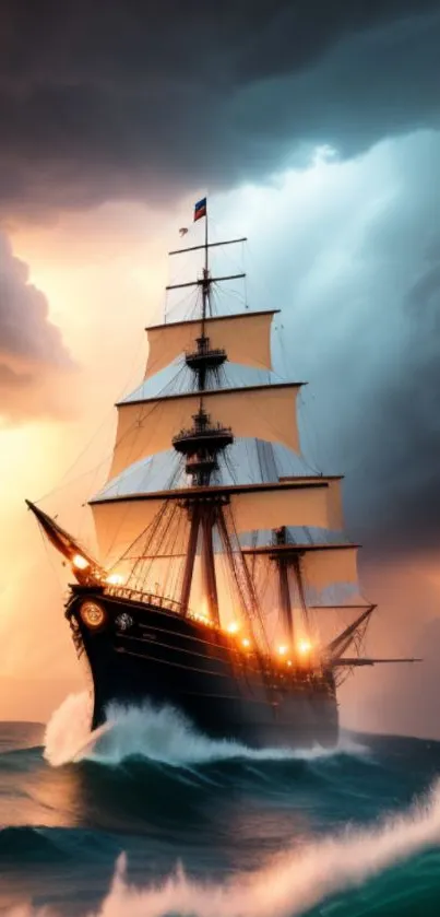 Majestic ship sails through stormy seas under luminous clouds.