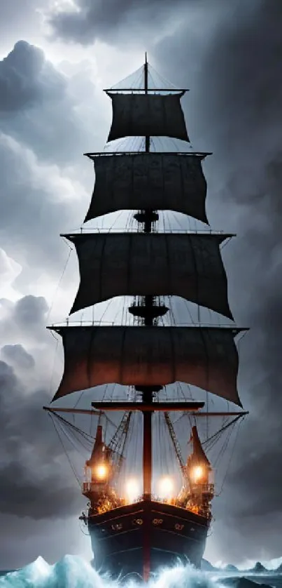 A majestic tall ship sails through stormy seas under dramatic clouds.