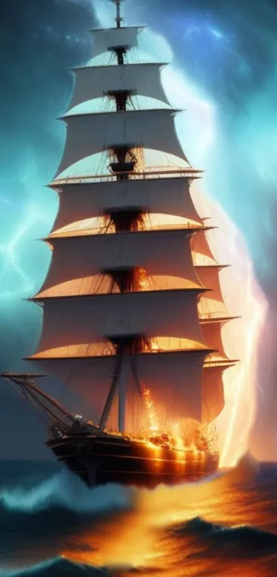 Majestic ship sailing through glowing waves under a vibrant teal sky.