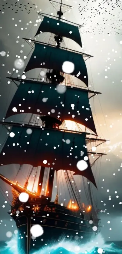 Majestic sailing ship in a snowy ocean storm with glowing lights.