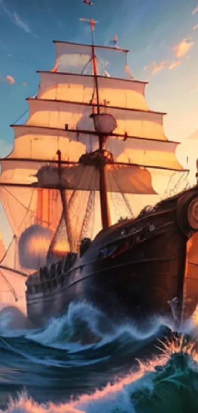 Majestic ship sailing under vibrant sunset.