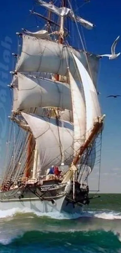 Sailing ship with white sails on ocean waves under blue sky.