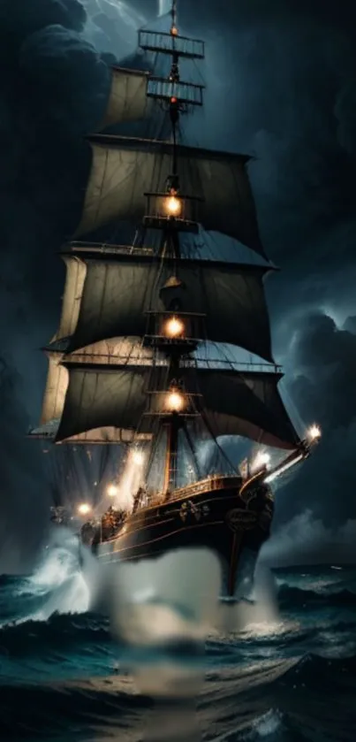 A majestic ship sails through stormy seas under a dark, dramatic night sky.