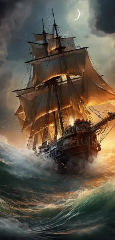 Majestic ship braving ocean waves under dramatic skies in a mobile wallpaper.