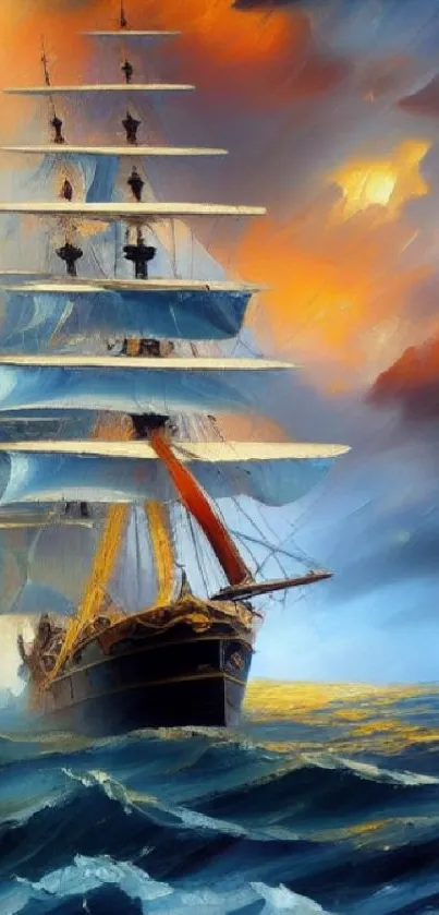 Majestic ship sailing on stormy seas with dramatic skies.