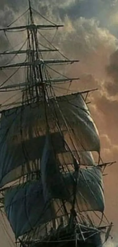 Majestic ship sailing through dramatic skies and ocean waves.