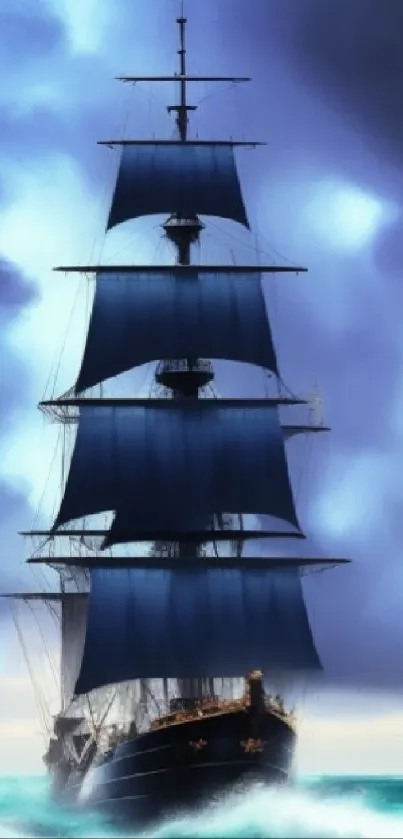 A majestic ship sails through a stormy sea under a dramatic, cloudy sky in this wallpaper.