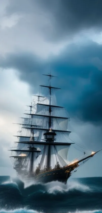 Majestic ship battling waves under stormy skies, perfect for mobile wallpaper.