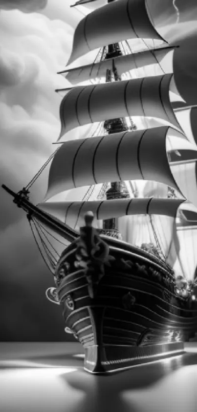 Black and white ship sailing through a stormy sea.