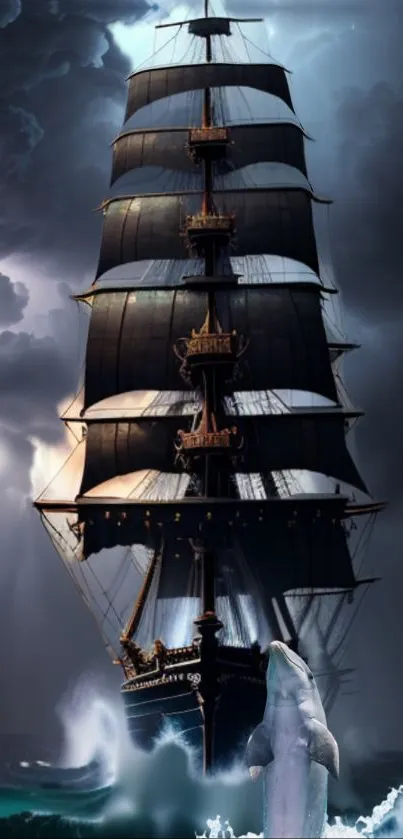 Majestic ship sailing on a stormy ocean under dark, dramatic skies.